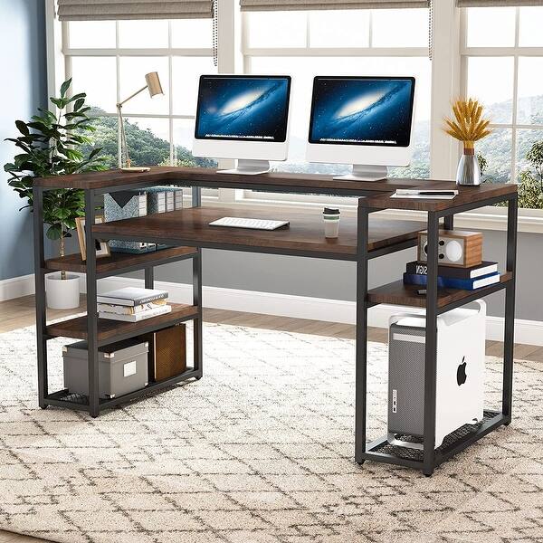 63 Computer Desk with Drawers, Office Desk with Keyboard Tray and Monitor  Shelf, Writing Desk, Study Table with CPU Stand & Storage Shelves, Black 