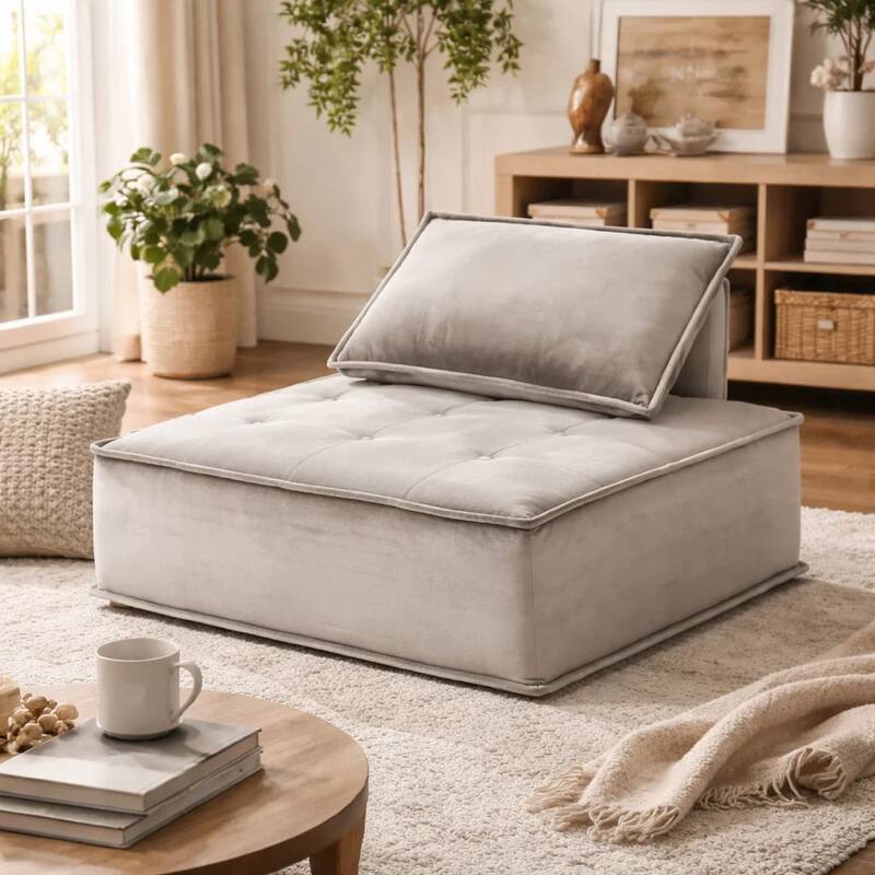 Nob 40 Inch Armless Lounge Chair, Tufted Seat, Pillow Back, Gray Velvet