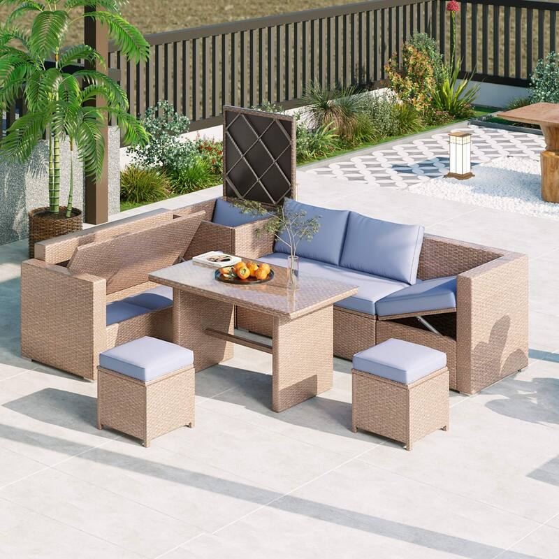 6-Piece PE Rattan Patio Sofa Set with Storage & Adjustable Seats - Natural