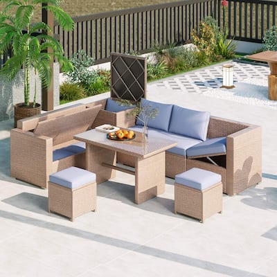 6-Piece PE Rattan Patio Sofa Set with Storage & Adjustable Seats