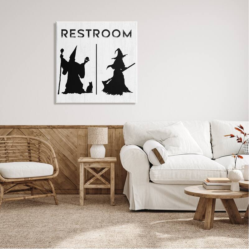 Stupell Rustic Witch & Wizard Halloween Restroom Sign Canvas Wall Art, Design by Daphne Polselli