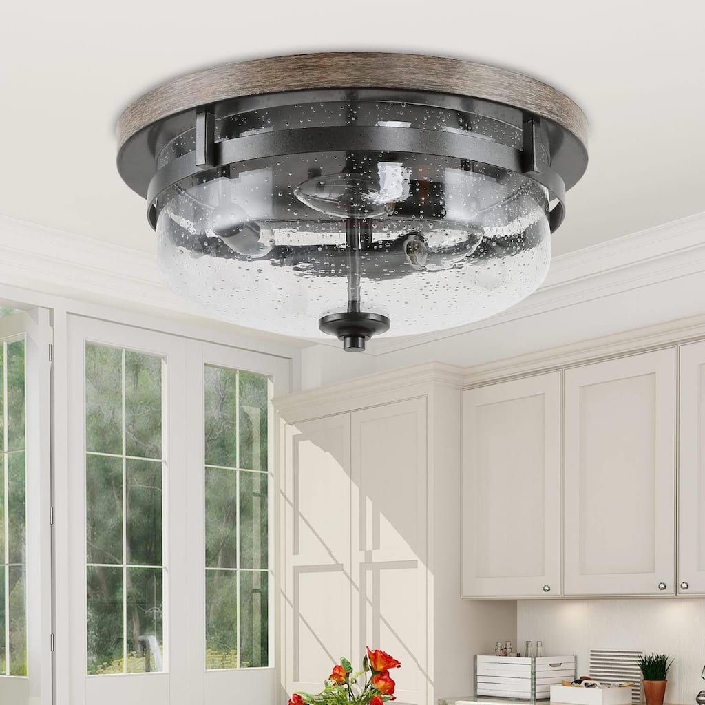 Modern Farmhouse 3-Light Glass Flush Mount Wood Grain Ceiling Lights - W 13.5"x H 6.5"
