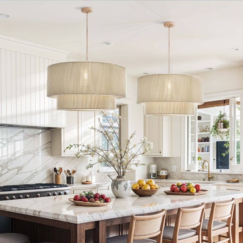 Elaine - 24" or 28" Ivory Jute Plug-In or Hardwired Light Fixture for Dining Room, Bedroom, or Kitchen in Japandi Style