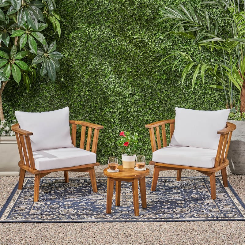 Chilian Outdoor 2 Seater Acacia Wood Club Chairs and Side Table Set by Christopher Knight Home - Teak+White