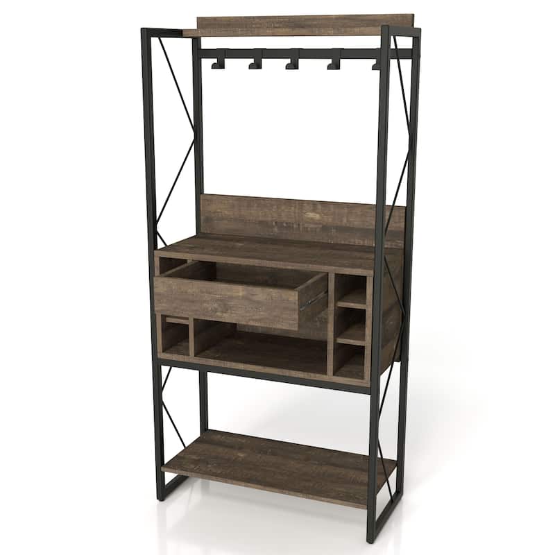 DH BASIC Industrial Reclaimed Oak 67-inch Metal 6-Wine Slots Baker's Rack by Denhour