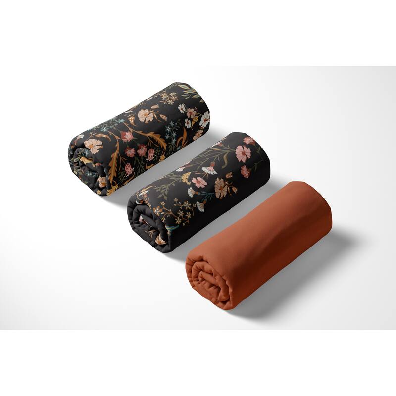 Sweet Jojo Designs Black Boho Wildflower Vintage Floral Girl 3 Pack Fitted Crib Sheets - Solid Orange & Bohemian, Farmhouse Leaf