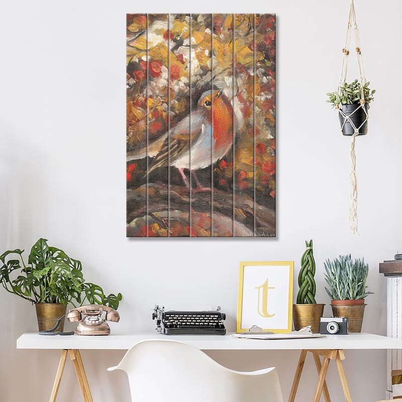 Robin Bird In Autumn Print On Wood by Lana Shamshurina - Multi-Color