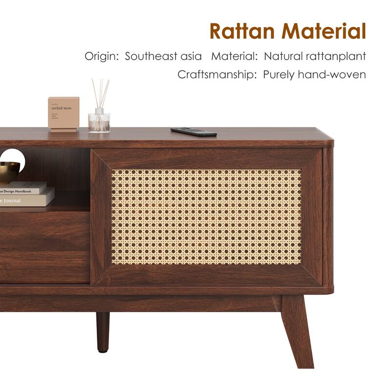 Rattan TV Stand for TVs, Wood TV Stand Mid Century Modern TV Stand TV Media Console with Drawer and 2 Cabinets