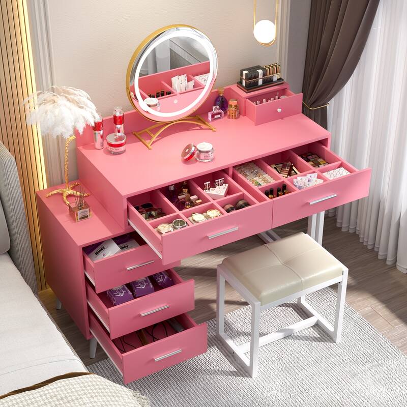 Makeup Vanity Desk with Stool and LED Mirror, Modern Makeup Table Vanity Desk with 6 Storage Drawers