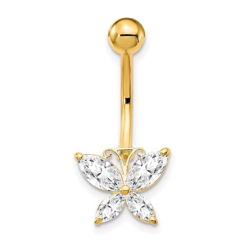 Curata Solid 10k Yellow Gold With Large Cubic Zirconia Butterfly Belly Ring Dangle (11mm x 26mm)
