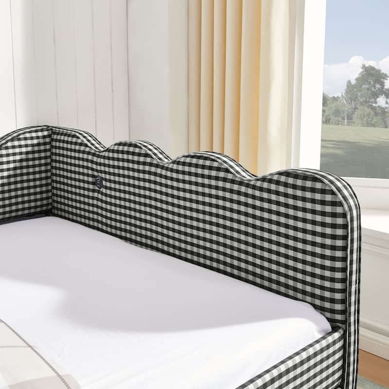 Full Size Gingham Daybed with Twin Trundle, USB Port, Wave Shaped Design & Linen Fabric - No Box Spring Needed