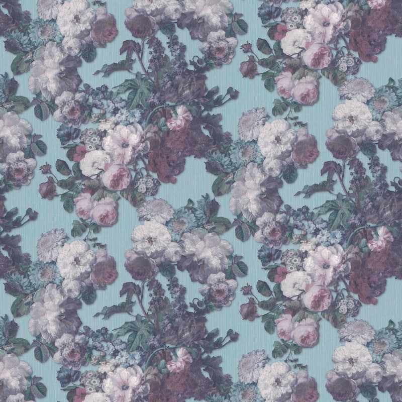 Galerie Wallcoverings Elle Decor 3D Embossed Floral Baroque Non-Woven Glitter/Shimmer Wallpaper Roll - 33 feet x 21 inches - Teal/Pink/Green