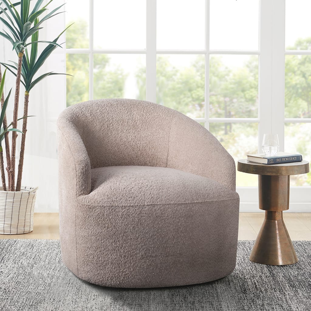 Roomfitters Upholstered 360 Degree Swivel Chair, Barrel Accent Chair with Hidden Base and Sloped Arms for Living Room, Beige