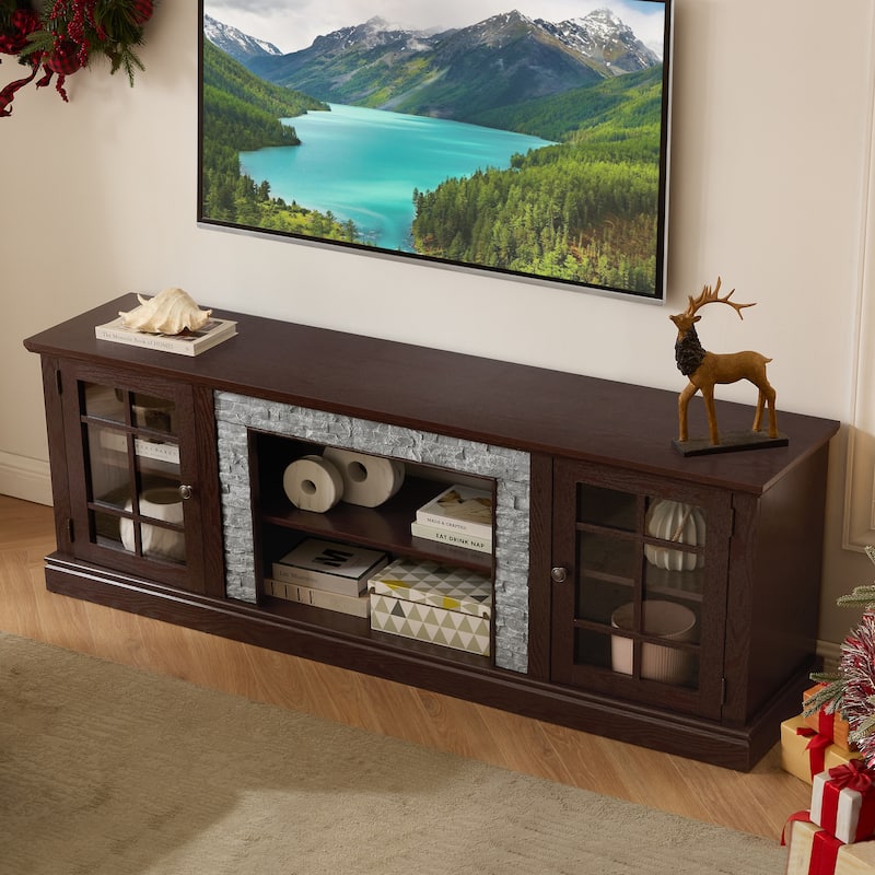GDFStudio Alice Wood 70" TV Stand with Faux Stone Surround and 2 Door Storage