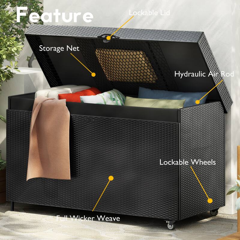 200 Gallon Wicker Deck Box All-Weather Outdoor Storage Box with Wheels Lockable Lid and Water Resistant Storage Bag for Patio