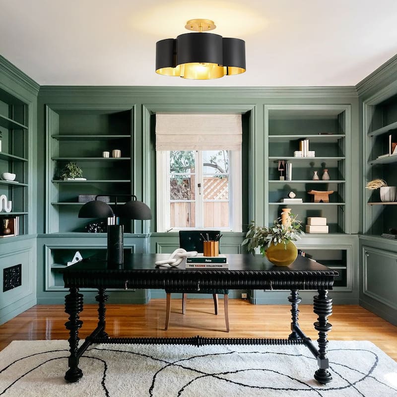 Art Deco 4-Light Black Gold Iron Flower Cage Semi Flush Mount - 14.2 inches