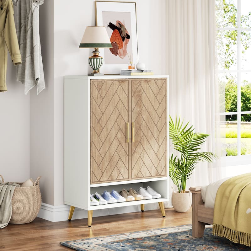 Wood and Metal 2-door Shoe Storage Cabinet with Adjustable Shelves for Entryway