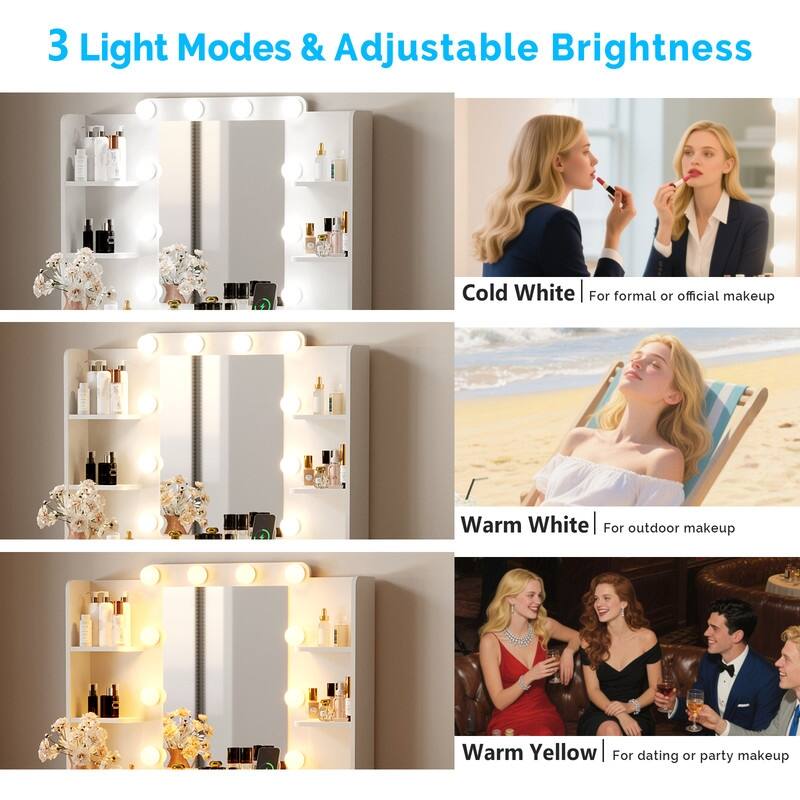 Particle Board Veneered with Textured Melamine, 2-drawer 4-Shelf, comes with 10 Three-color Dimmable Bulbs, Dressing Table Set