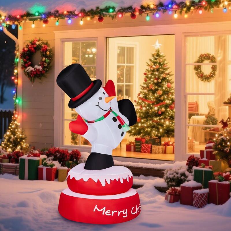 4.8FT Lighted Christmas Inflatable Decoration Large Rotating Snowman with Motor - White+Red