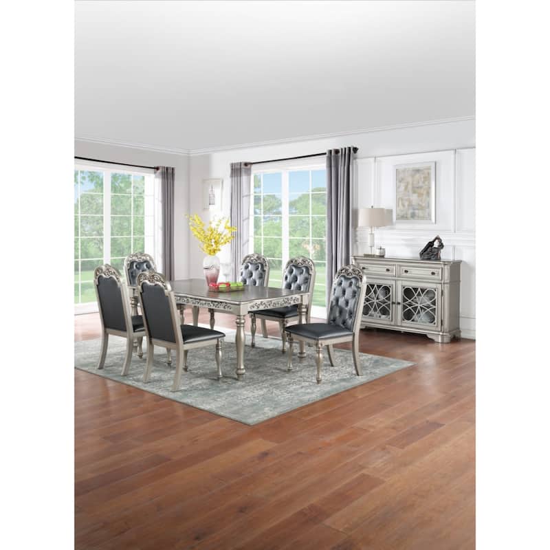 Set of 2 Side Chairs Grey / Silver Finish Rubberwood Dining Room Furniture Intricate Design Cushion Upholstered Seat Tufted Back