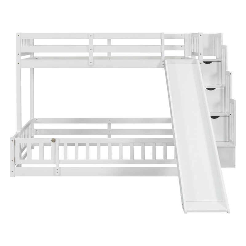 Twin Over Full Bunk Bed with Storage Staircase, Slide and Guardrails Toddler Floor Bed with Fence and Door, Floor Bunk Bed Frame