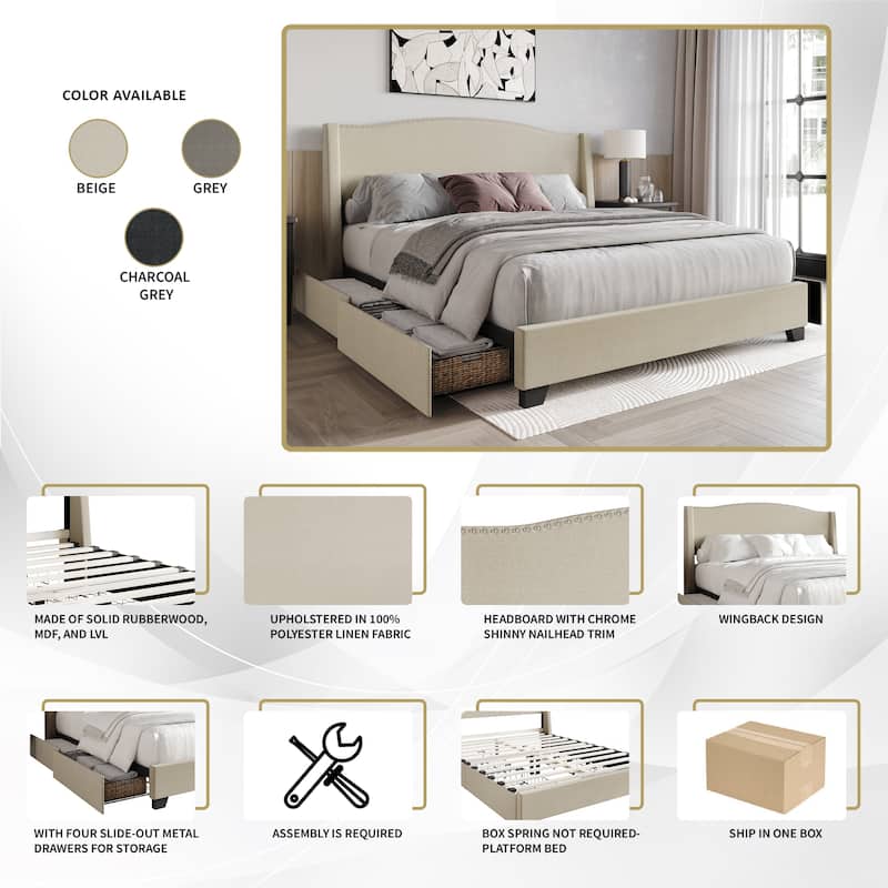 CraftPorch Elegant Chrome Nailhead Wingback Upholstered Bed with Drawers