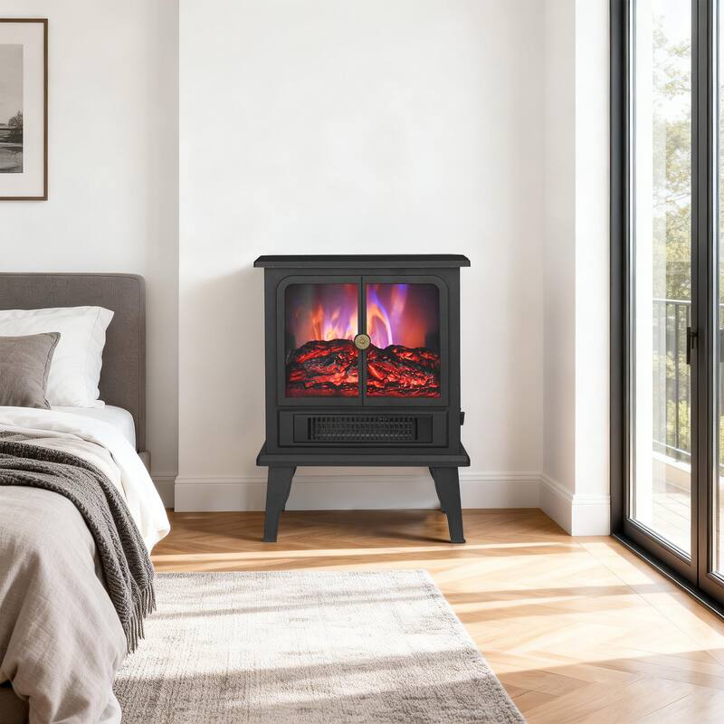 1500W Freestanding Electric Stove Fireplace Heater with Realistic Flame and Overheat protection - 14" L x 8.11" W x 18.9" H