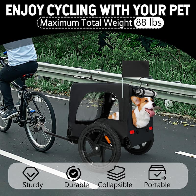 Heavy Duty Collapsible Pet Bike Trailer with 16" Wheels, Foldable Dog Bicycle Carrier Cart with Hitch & Reflectors