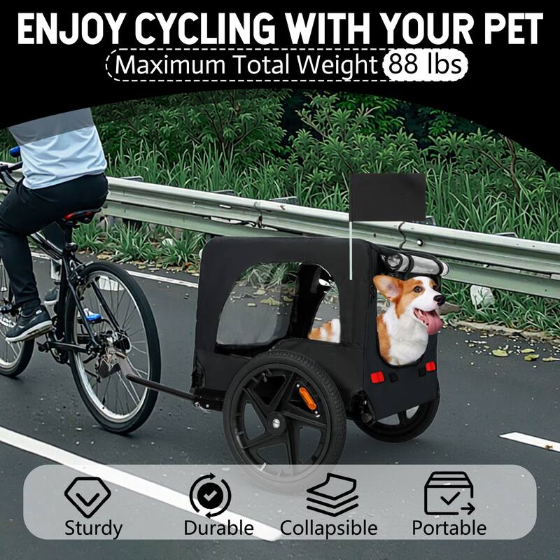 Outdoor Heavy Duty Collapsible Pet Bike Trailer with 16-Inch All-Terrain Wheels & Universal Hitch, Foldable Carrier Cart