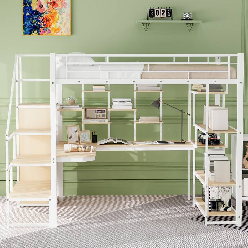 Full Size Metal Loft Bed with Storage Staircase, Built-in Desk, Wardrobe, and Shelves, White