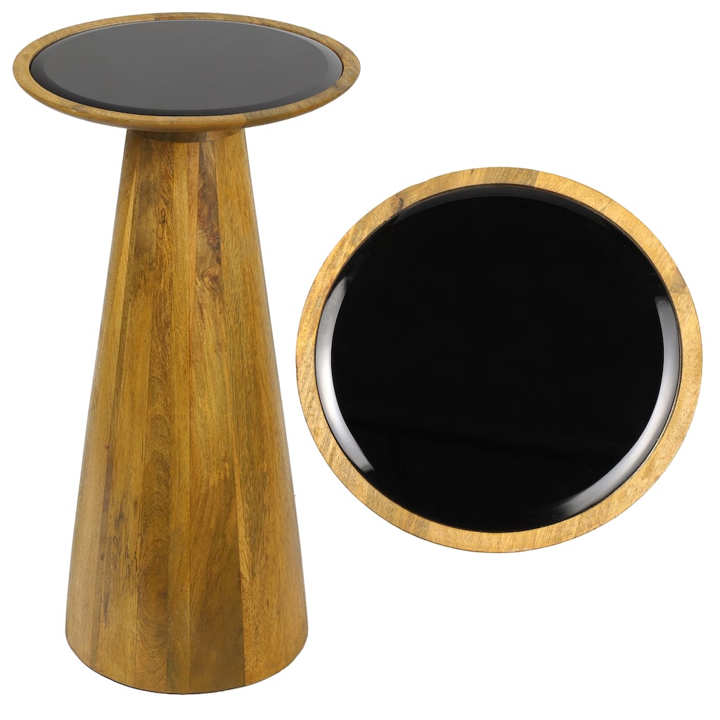 Linden 21.5" Industrial Mango Wood Drink & End Table w/ Black Glass & Cone Base, By JONATHAN Y