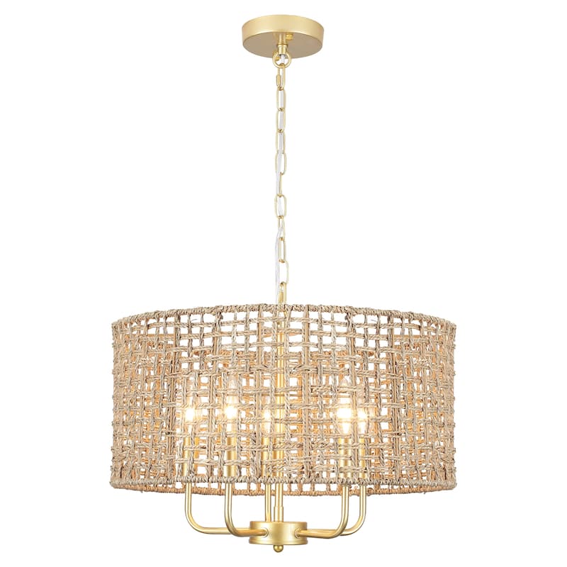 5 - Light Dimmable Drum Chandelier Natural Rattan Bohemian & Coastal Pendant - 18.9 in