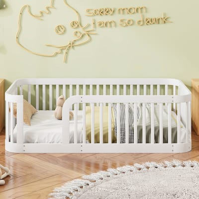 Wood Twin Size Wood Floor Bed Frame with Fence