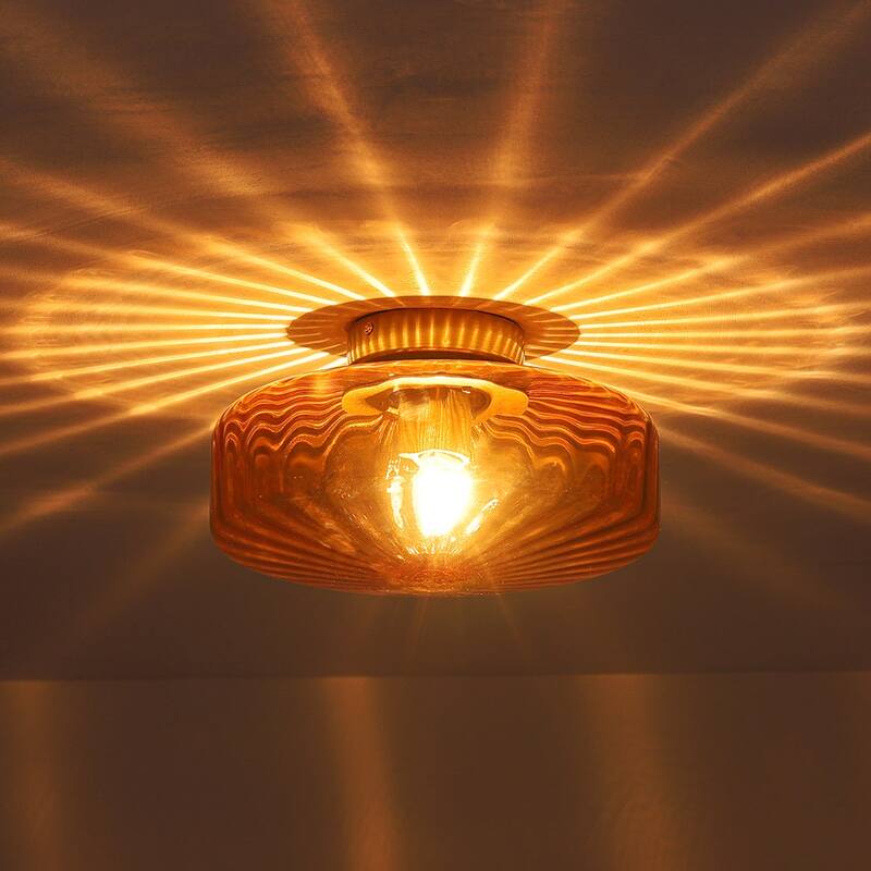 Brown Amber Ribbed Glass Shade Semi Flush Mount Ceiling Light