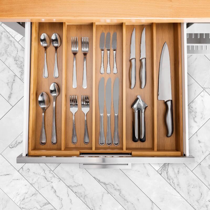 Seville Classics Bamboo Expandable 5 Large Compartment Adjustable Cutlery Drawer Tray Organizer - Brown