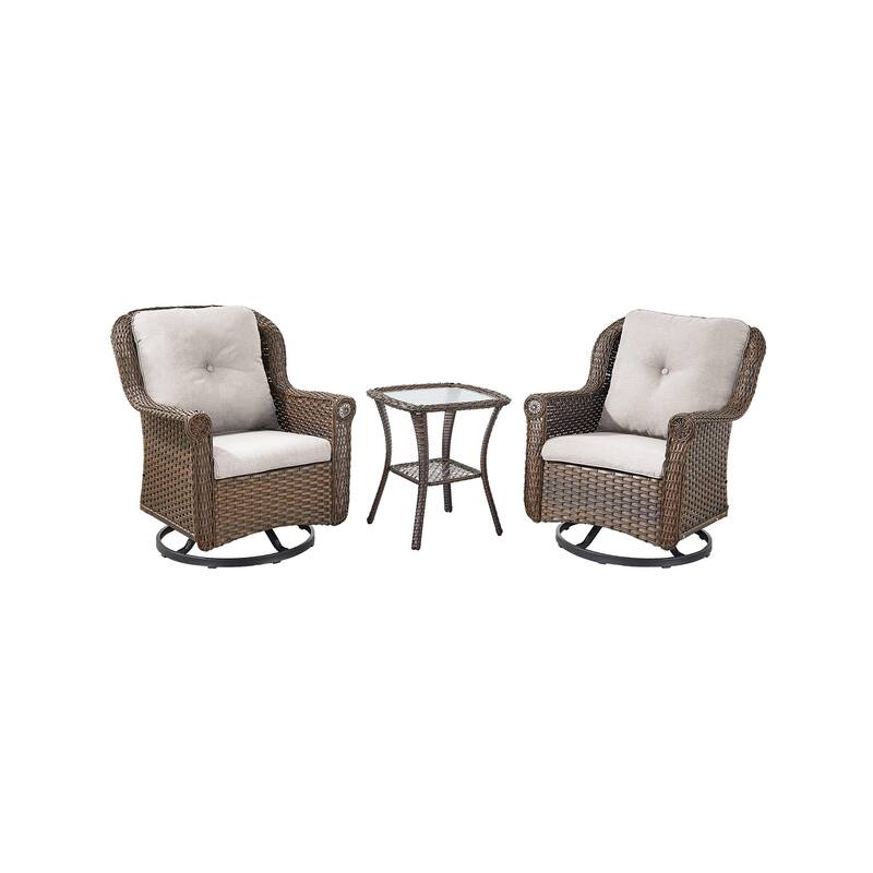 Outdoor Patio 2 Swivel Chairs with Side Table - Brown - Beige