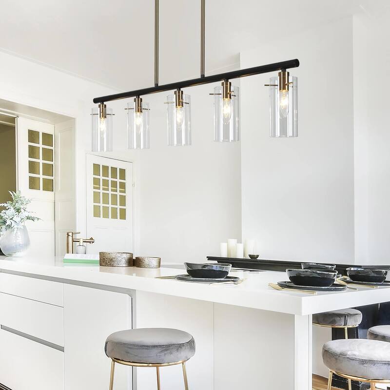 Alva Modern 5-Light Black Gold Chandelier Glass Linear Island Lights for Dining Room - 36" L x 3" W x 8" H