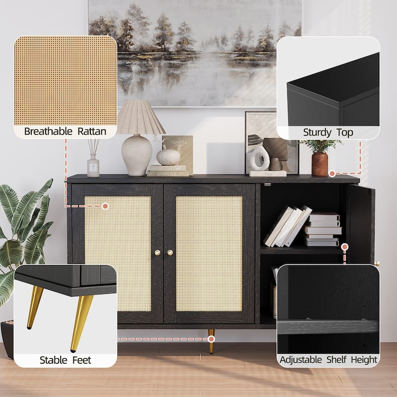 Rattan Storage Cabinet With 3 Door, Farmhouse Style Buffet Sideboard - N/A