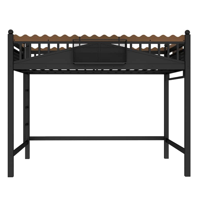 Modern Metal Loft Bed with Shelves & Bookshelf, Ladder Entry, No Box Spring Needed, Multi-Size