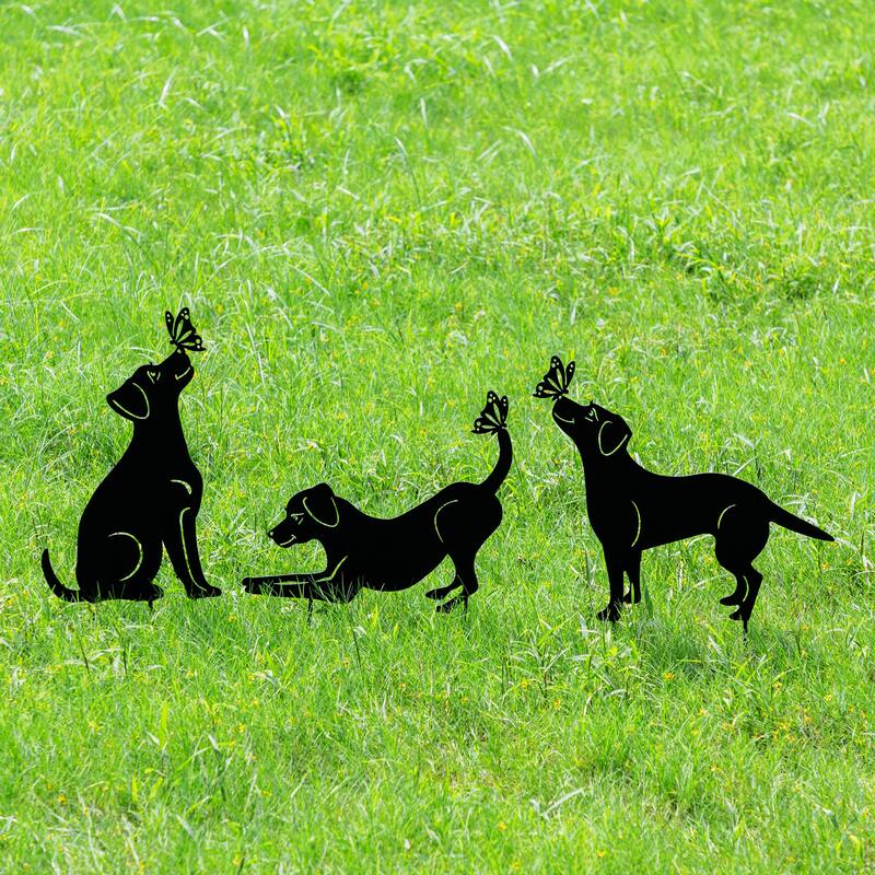 Glitzhome 2-in-1 Black Metal Cat Rabbit Duck Dog Silhouette Yard Stakes Wall Decor (Set of 3)