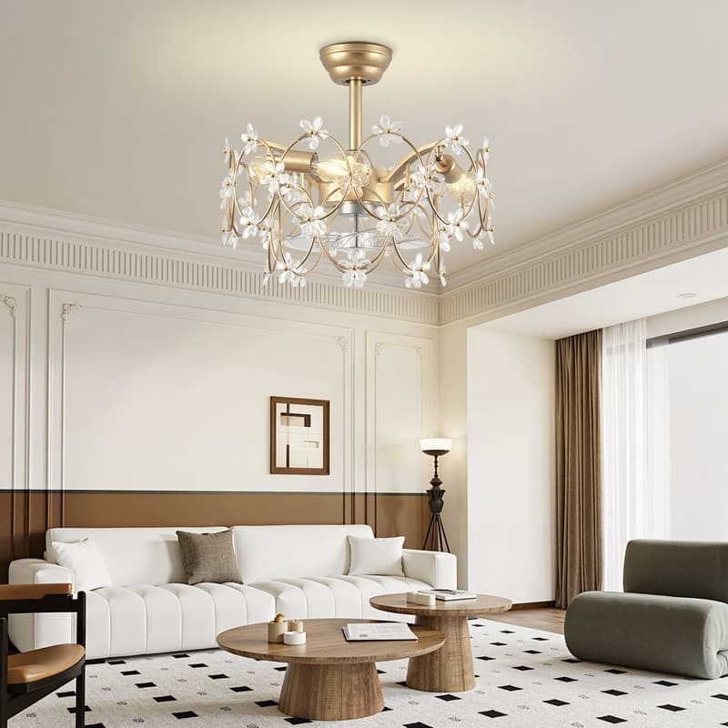 21 in. Indoor Golden Flower Crystal Ceiling Fan with Light, Ceiling Fans with Light and Remote, Flower Fandelier for Bedroom