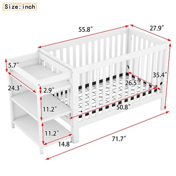 dimension image slide 1 of 6, Toddler Bed with Guardrail & Shelf, Convertible Crib/Full Size Bed