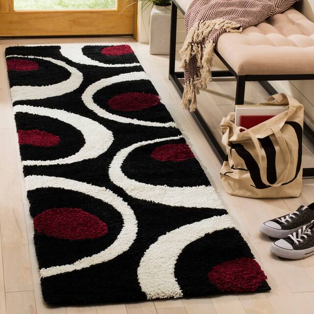SAFAVIEH Florida Shag Jayati Abstract 1.2-inch Thick Rug - 2'3" x 8' Runner - Black/Ivory