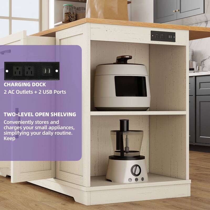 Moasis 50" Kitchen Island with Power Outlet & Drop Leaf,Rolling Island Cart with Trash Can Cabinet