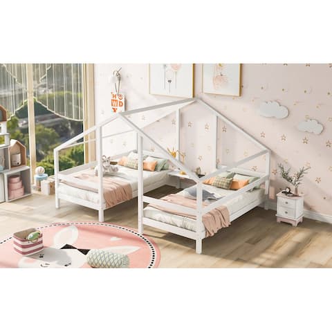 75.2''L Double Twin Size Triangular Platform Beds with Built-in Table