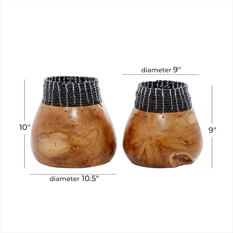 Brown Wood Handmade Vase with Black or White Seagrass Accents (Set of 2)