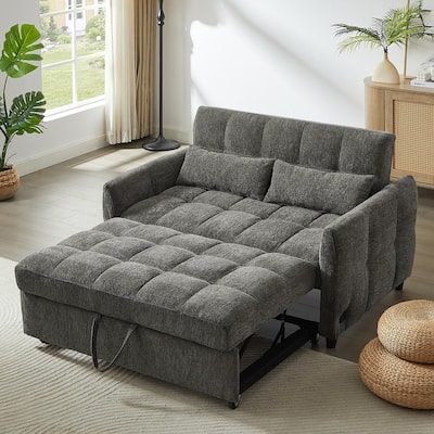 Roomfitters Loveseat Pull-Out Sofa Bed, Tufted Sleeper with Adjustable Backrest, USB Ports, and Lumbar Pillows for Living Room