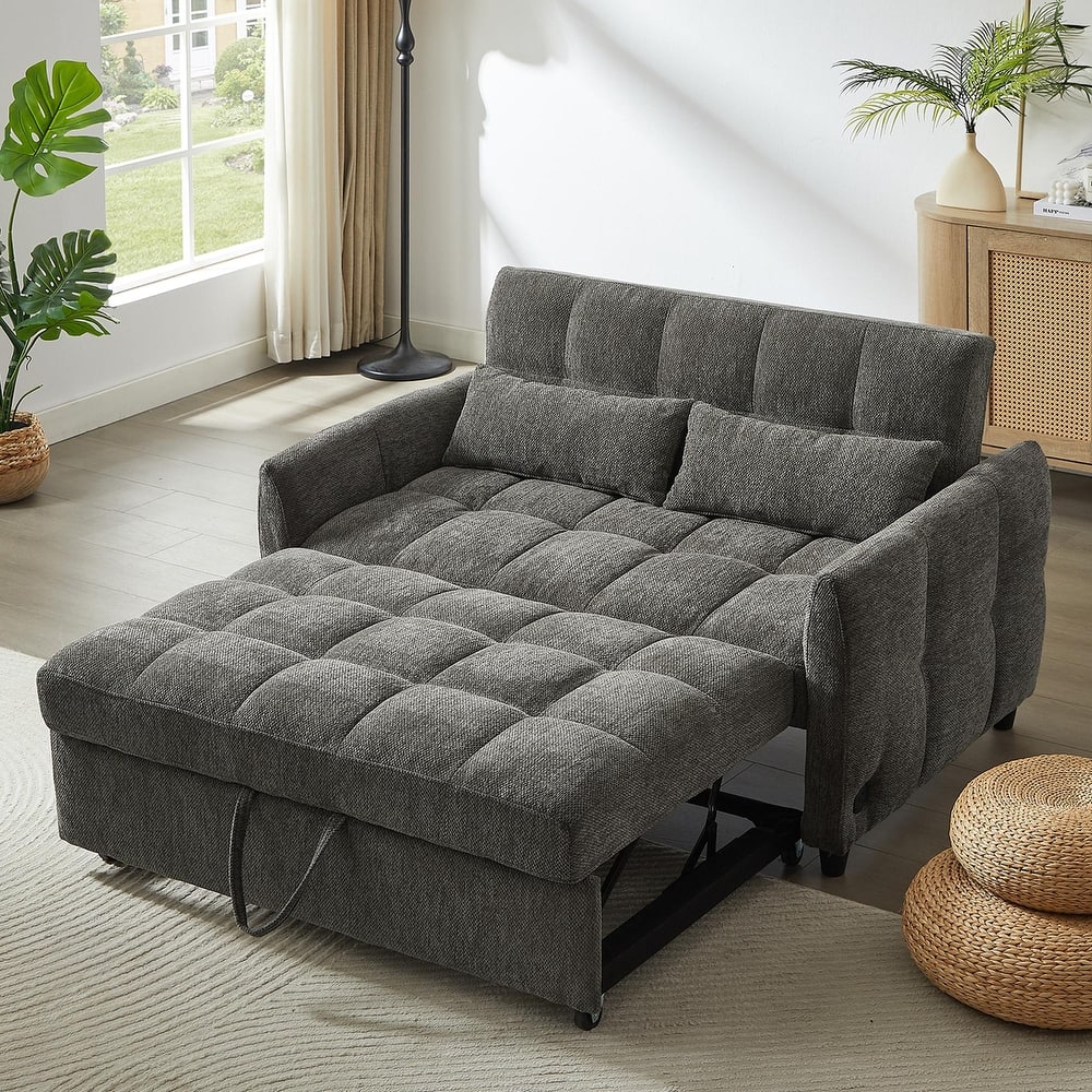 Roomfitters Loveseat Pull-Out Sofa Bed, Tufted Sleeper with Adjustable Backrest, USB Ports, and Lumbar Pillows for Living Room