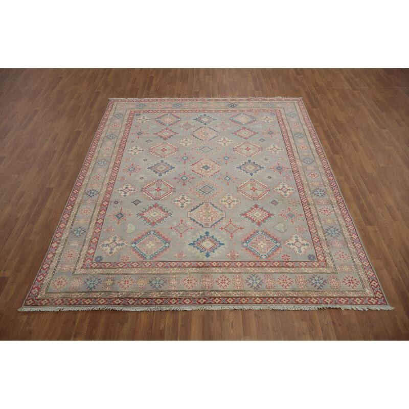 Hand Knotted Oriental 100% Wool Carpet Traditional Geometric Greys & Charcoal Kazak Area Rug - 9' 9'' X 8' 3''