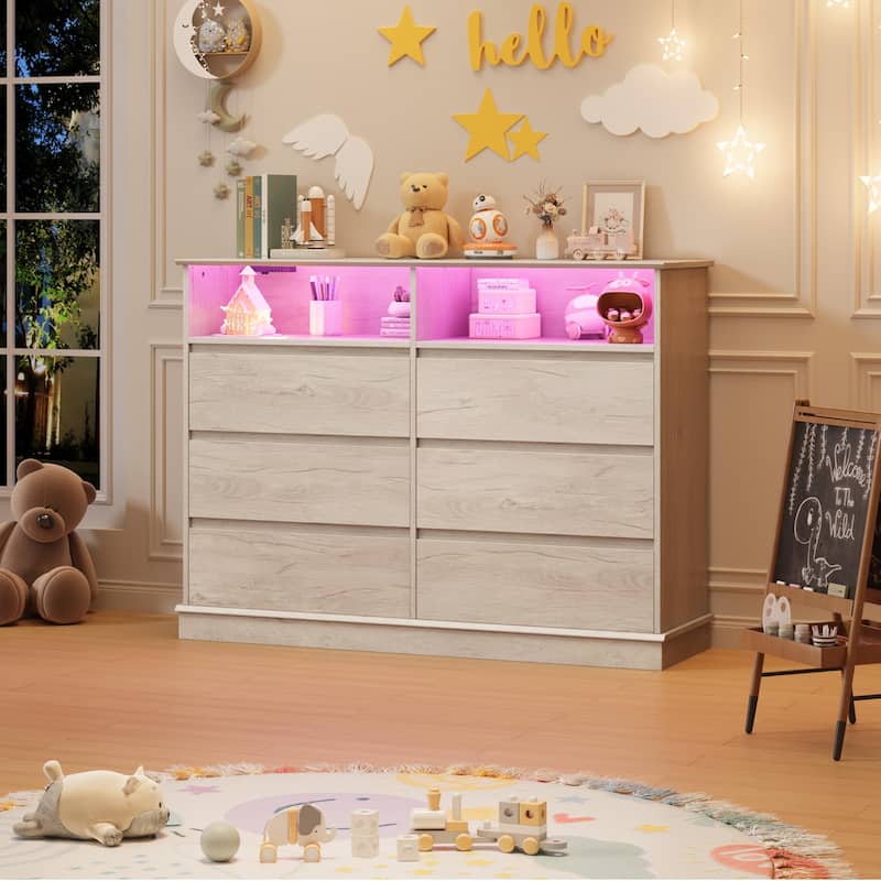 6 Drawer Dresser with LED Lights & Charging Station, Modern Chest of Drawers with Open Shelf